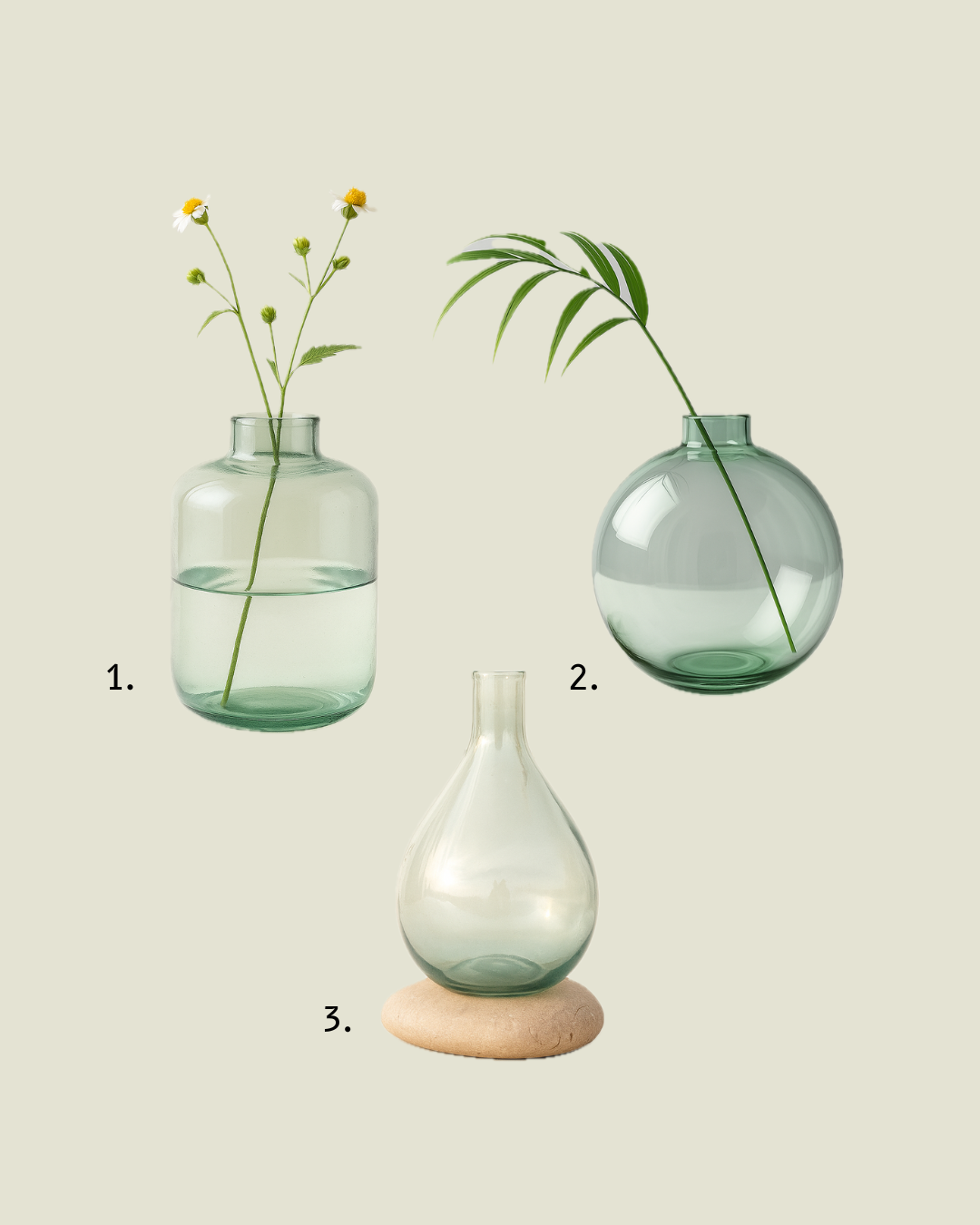 Three green glass vases with plants on a beige background