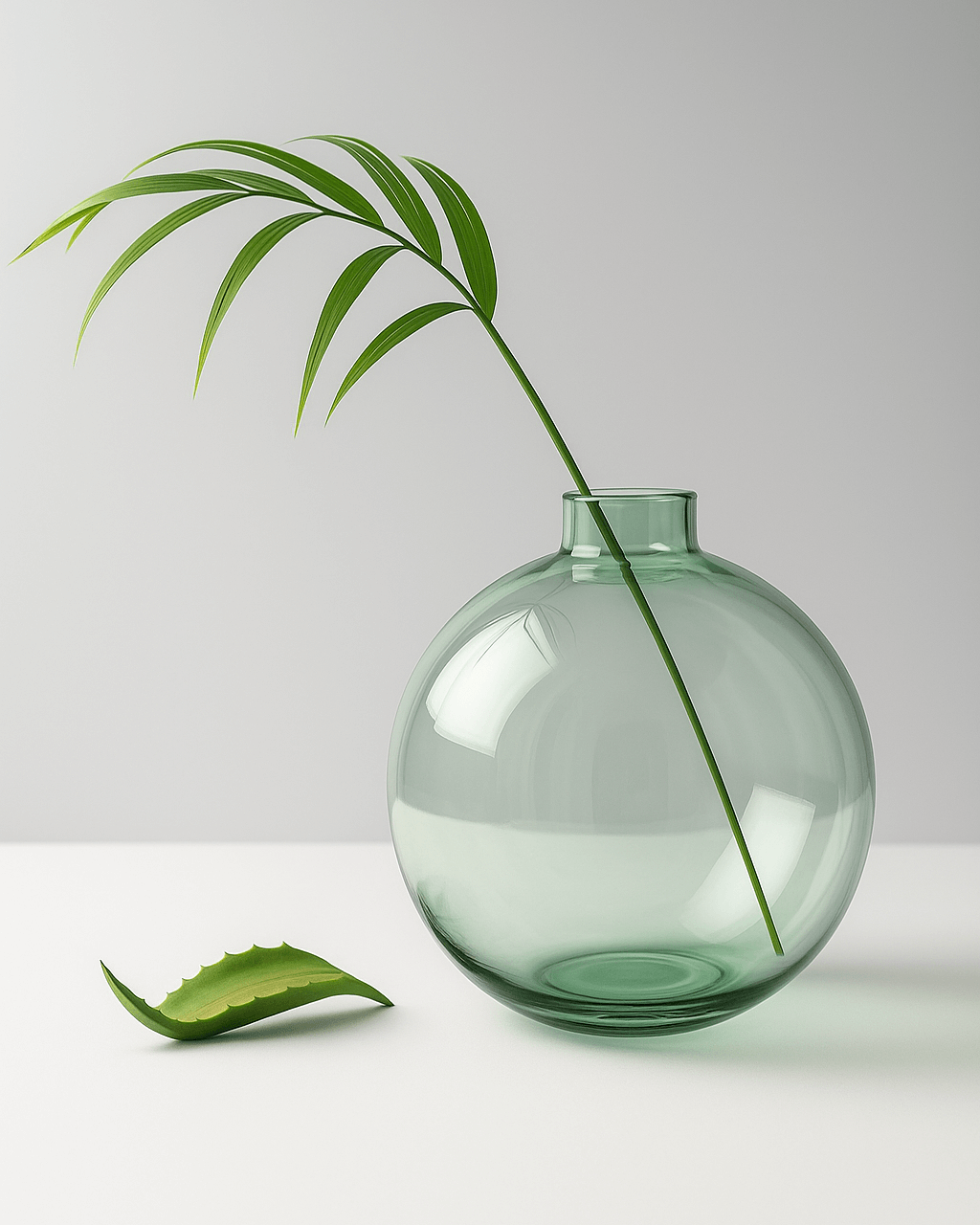 Green glass vase with a leaf on a light gray background