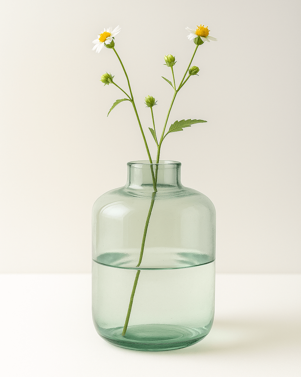 Green vase with a single stem of flowers on a light background