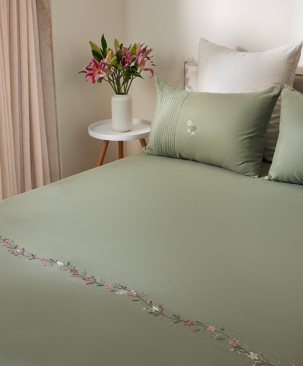 Vintage Vine Jade Linen Bedsheet Set