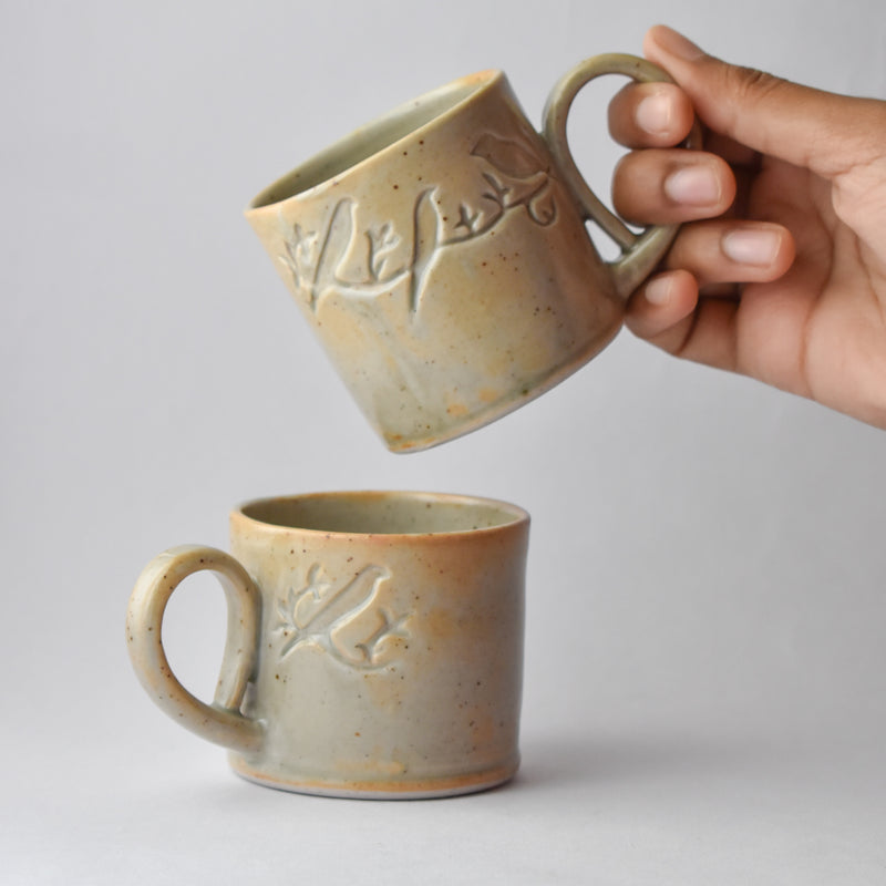Restful Birds- Hand Carved Porcelain Mug Set